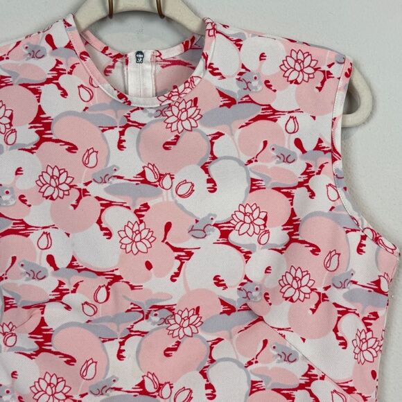 VTG Handmade Polyester Pink Frog Lotus Sleeveless Top L - Picture 2 of 8